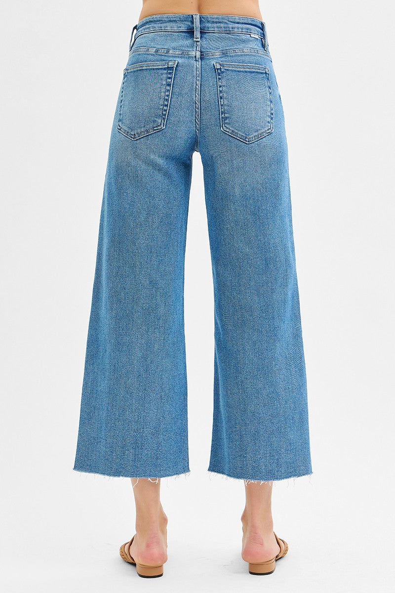 Tummy Control Mid Rise Crop Wide Front Slit Jeans