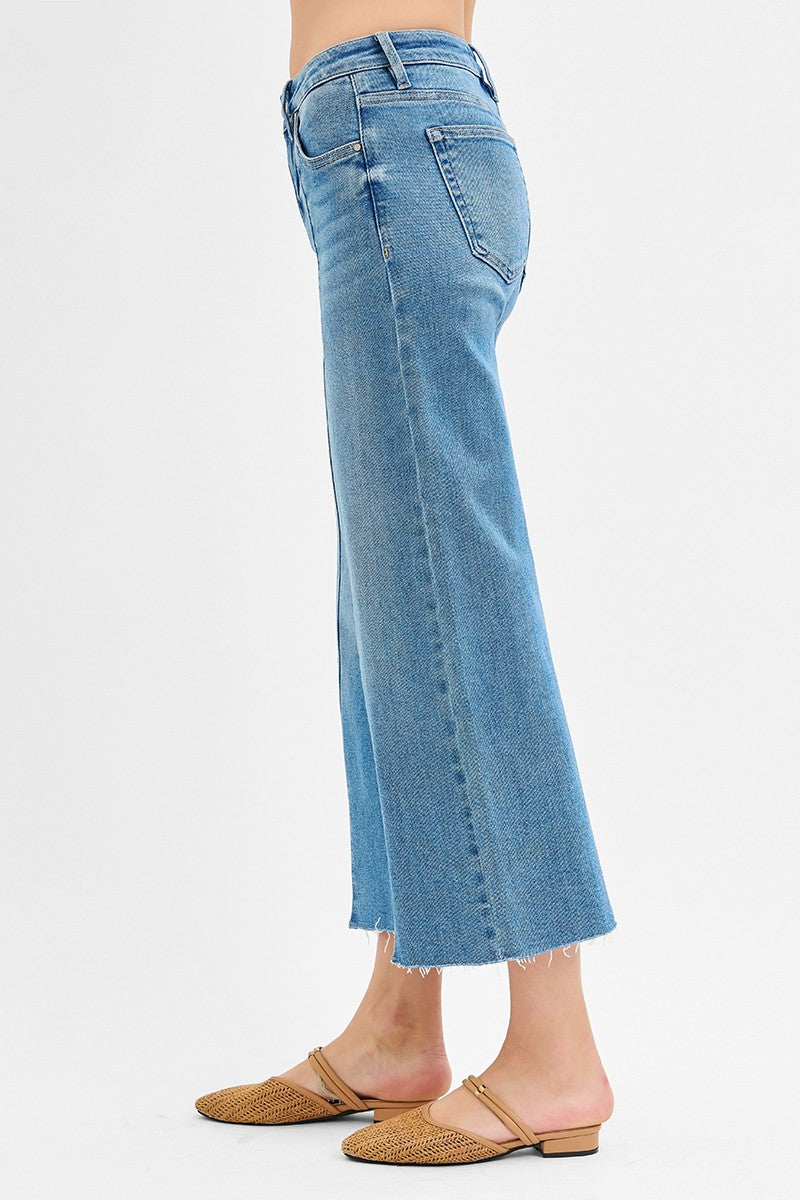 Tummy Control Mid Rise Crop Wide Front Slit Jeans
