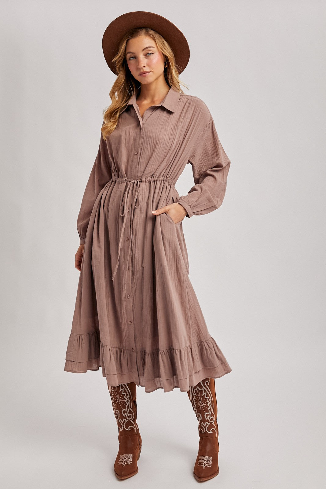 Mauve Ruffled Midi Open Duster Or Shirt Dress