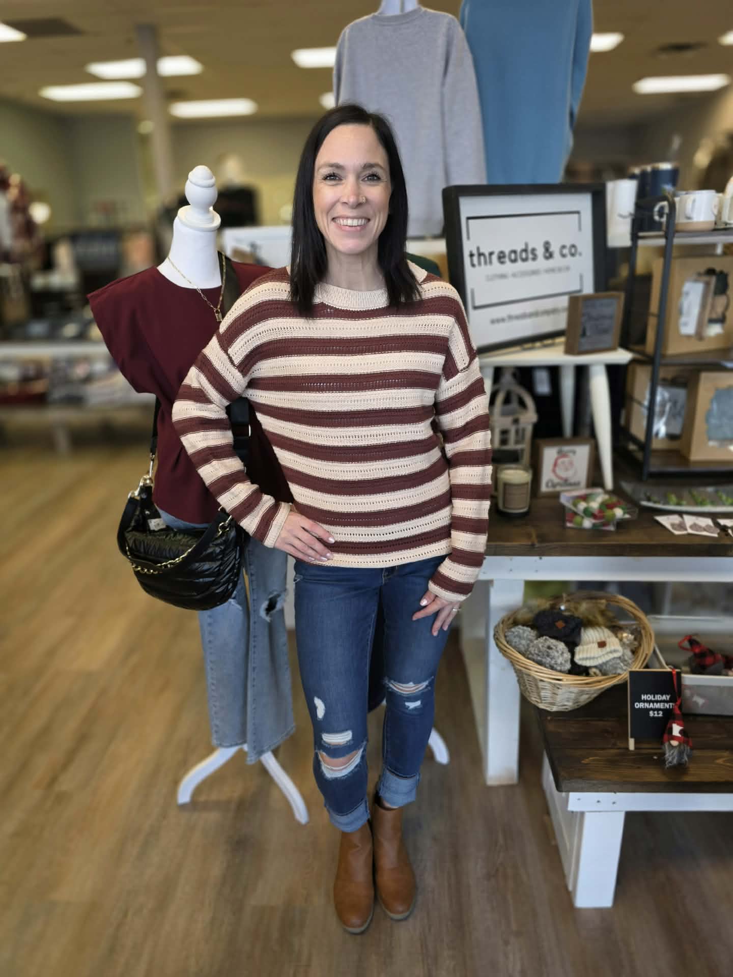 Brown Striped Crochet Knit Long Sleeves Sweater