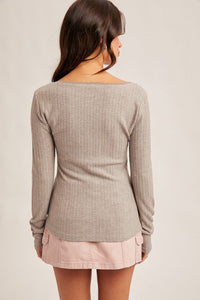 Grey Lace Edge Square Neck Pointelle Knit Top