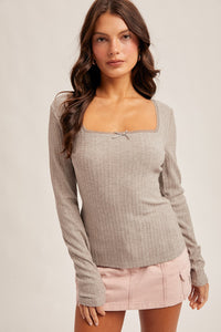 Grey Lace Edge Square Neck Pointelle Knit Top