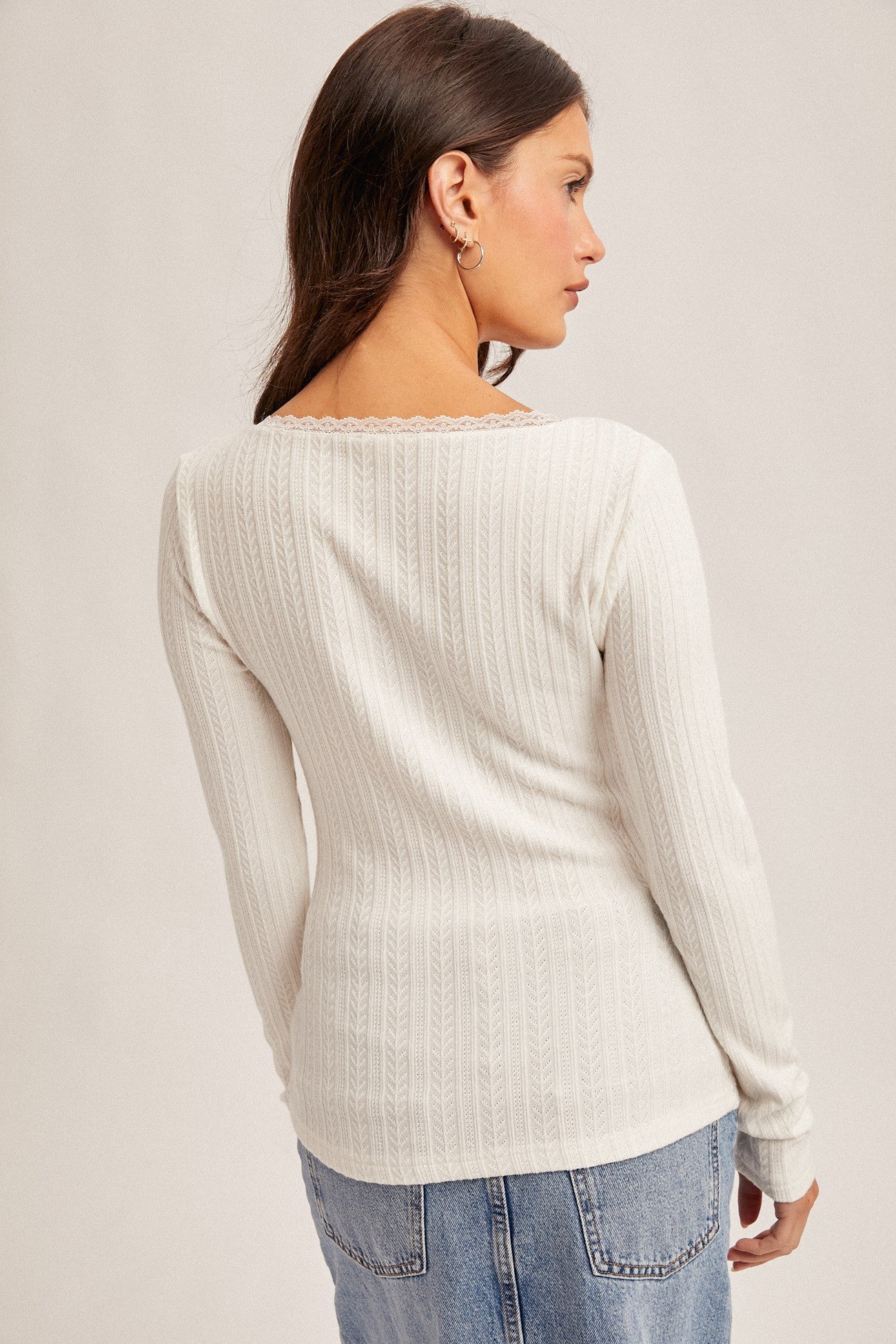 White Lace Edge Square Neck Pointelle Knit Top