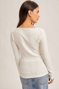 White Lace Edge Square Neck Pointelle Knit Top
