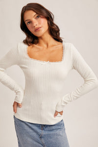 White Lace Edge Square Neck Pointelle Knit Top