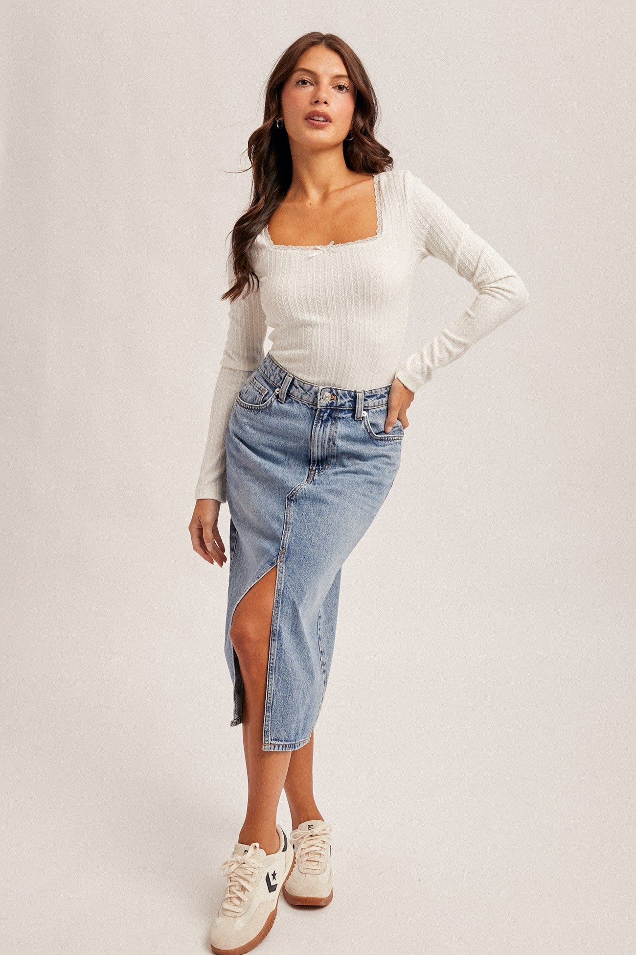 White Lace Edge Square Neck Pointelle Knit Top