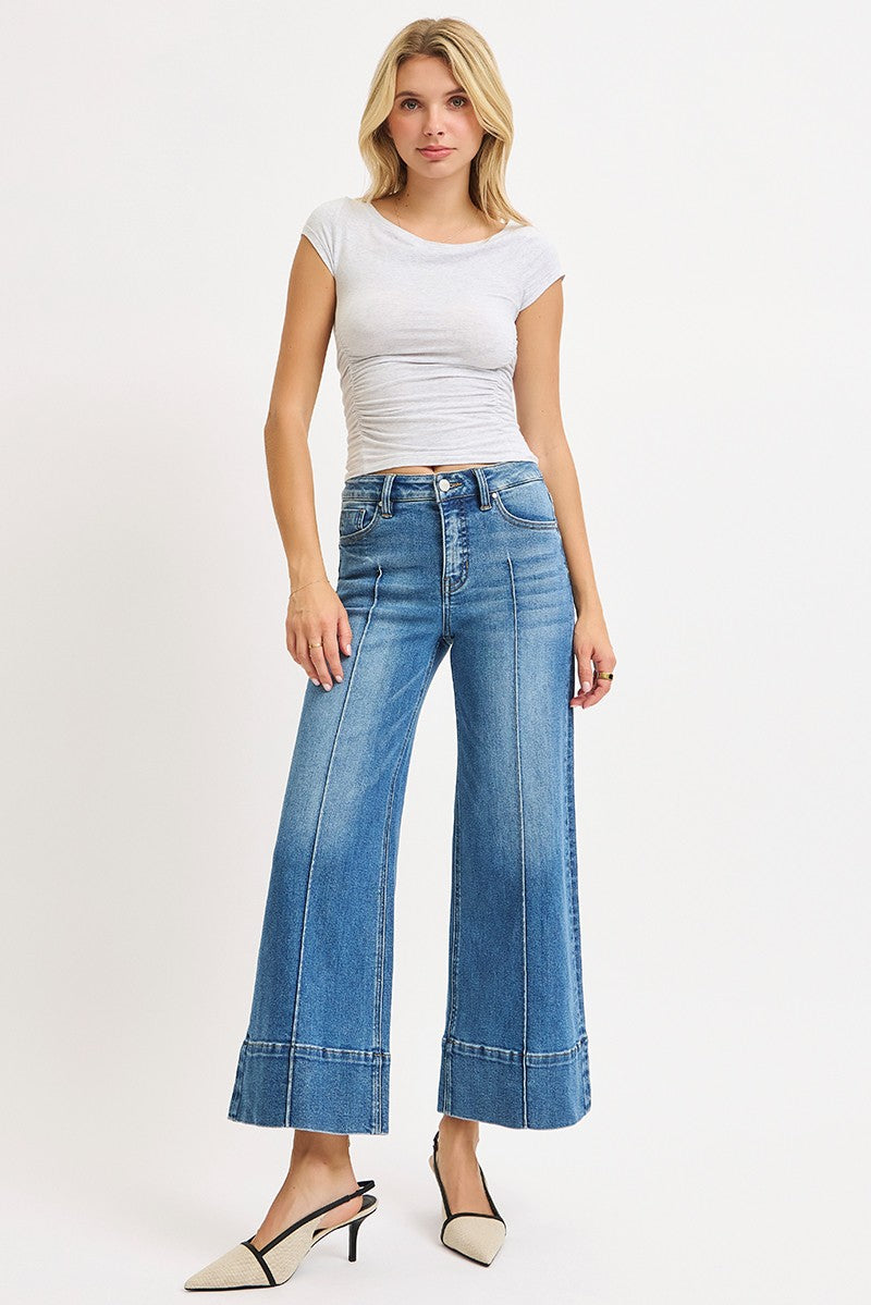 Risen: Tummy Control Mid Rise Crop Wide Pintuck Front Jeans