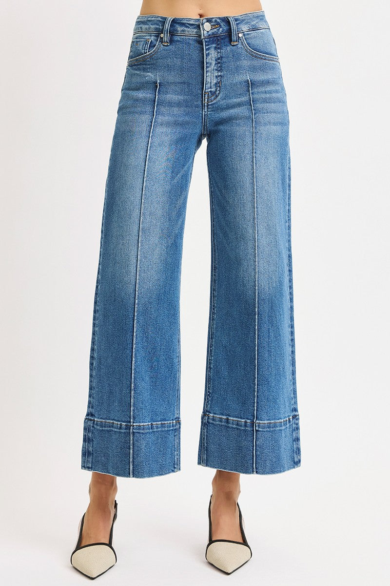 Risen: Tummy Control Mid Rise Crop Wide Pintuck Front Jeans