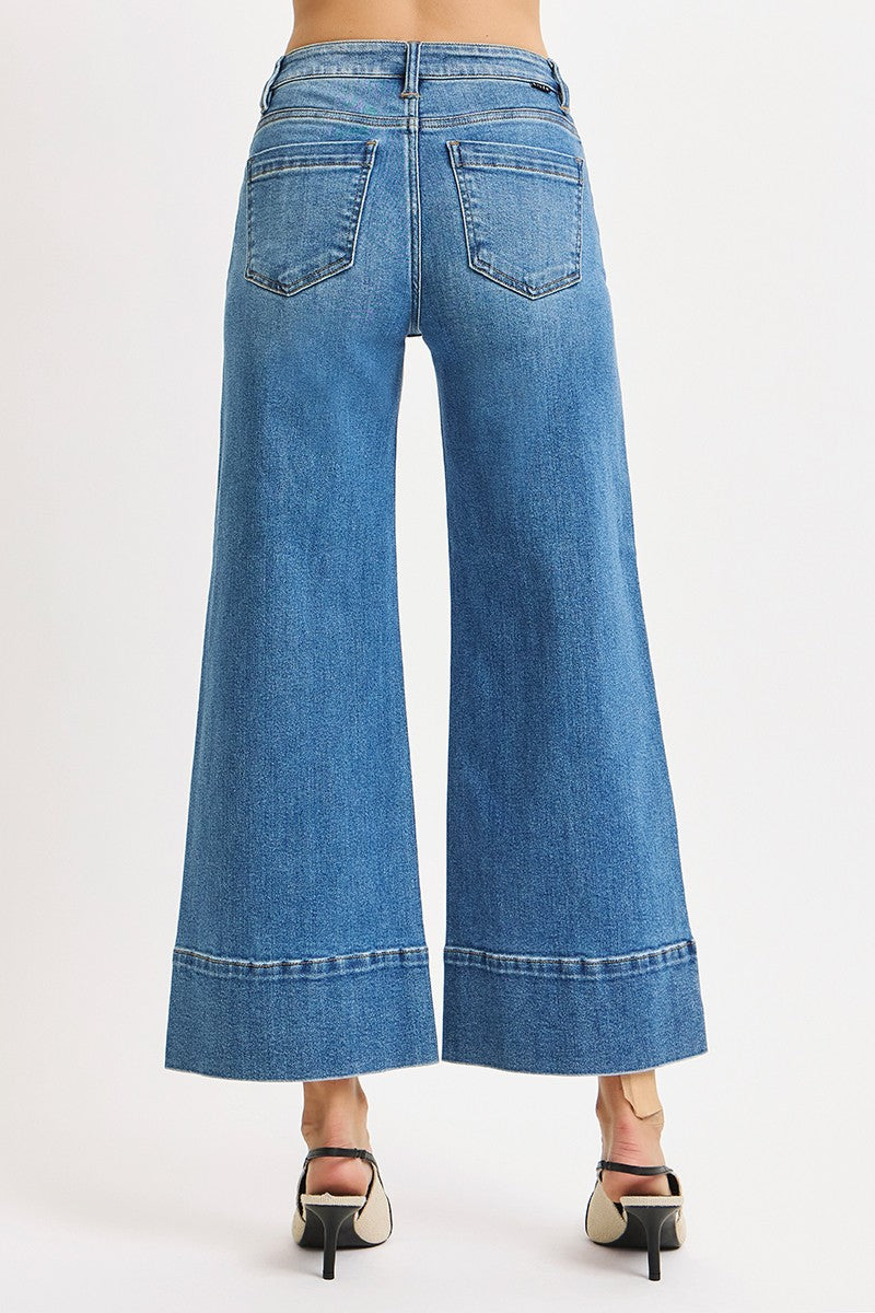 Risen: Tummy Control Mid Rise Crop Wide Pintuck Front Jeans