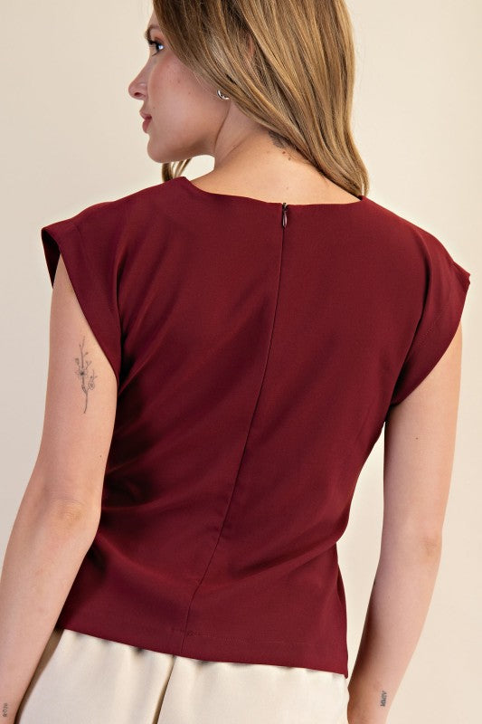Burgandy Round Neck Waist Pleated Top
