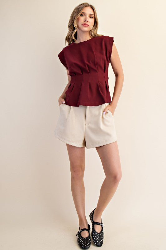 Burgandy Round Neck Waist Pleated Top