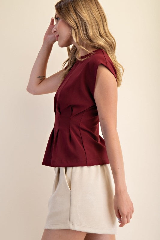Burgandy Round Neck Waist Pleated Top