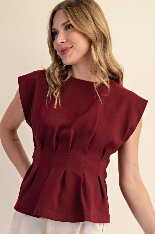 Burgandy Round Neck Waist Pleated Top