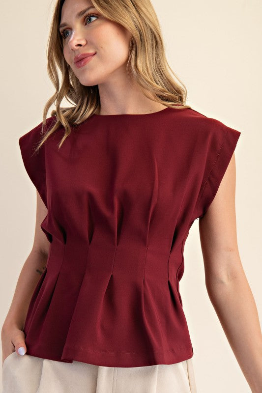 Burgandy Round Neck Waist Pleated Top
