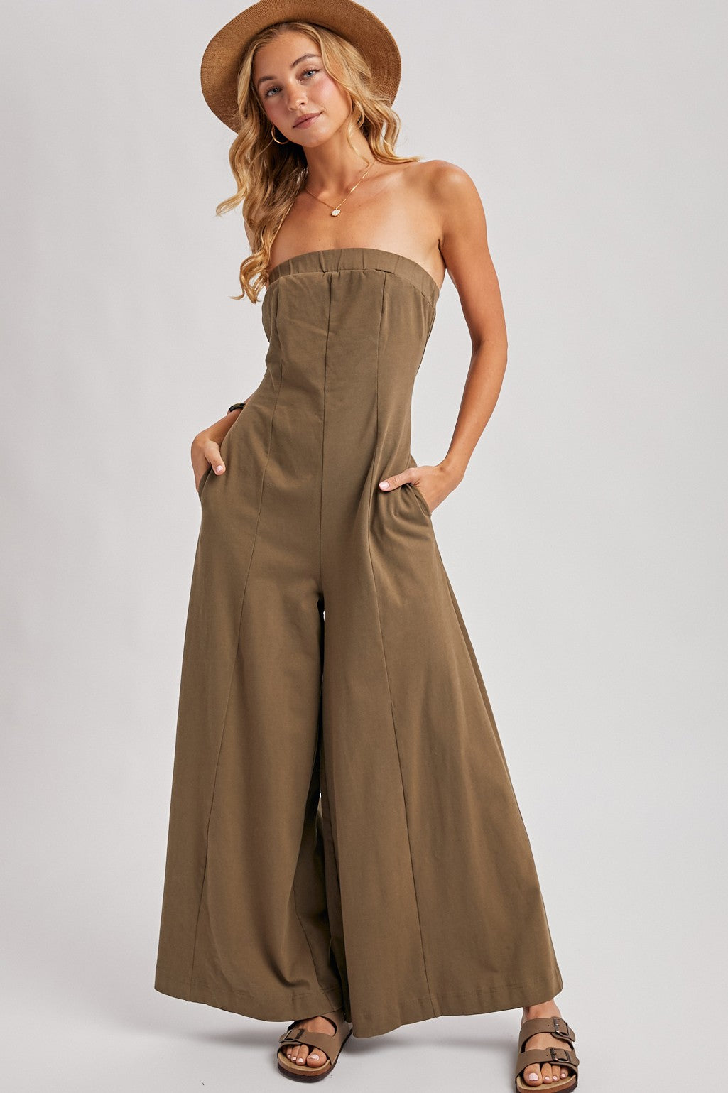 Olive Strapless Bandeau Wide-leg Romper with Pockets