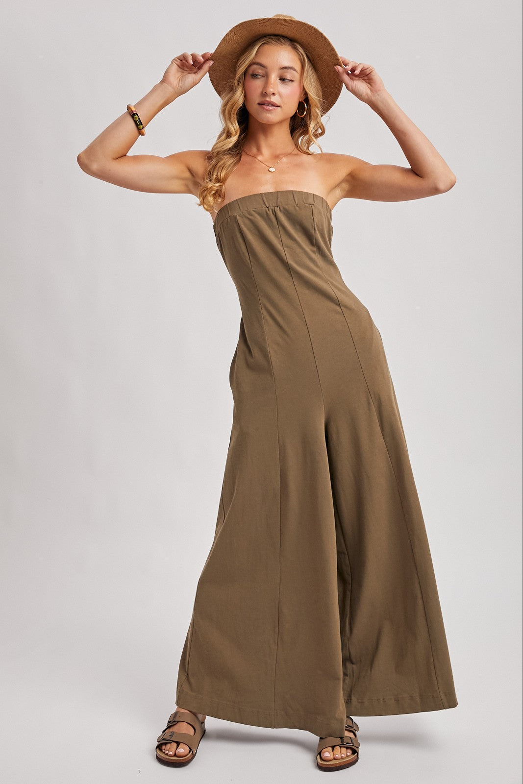 Olive Strapless Bandeau Wide-leg Romper with Pockets
