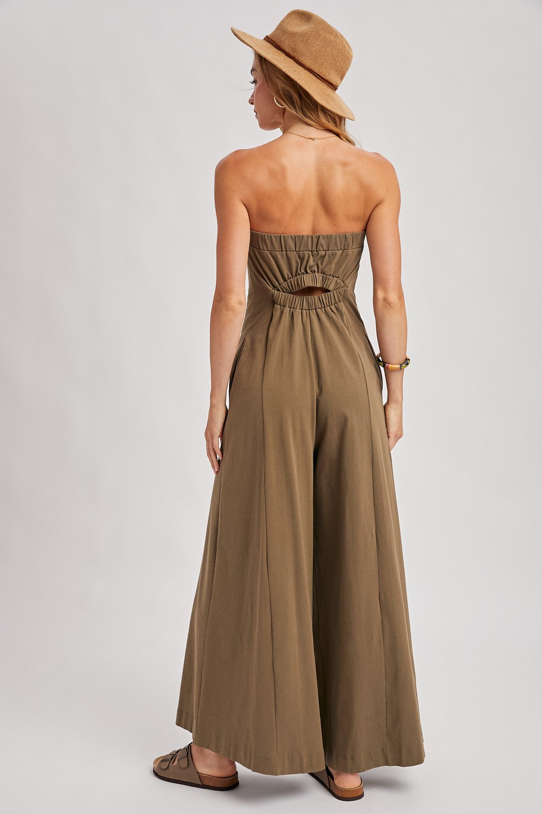 Olive Strapless Bandeau Wide-leg Romper with Pockets
