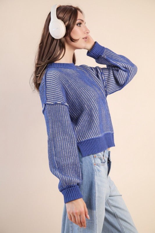 Blue Two Tone Striped Sweater