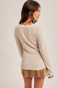 Soft Taupe Brushed Rib Lace Trimmed Henley Top