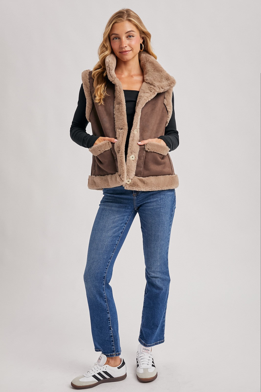 Brown Faux Suede With Faux Shearling Lining Trim Vest