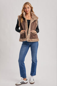 Brown Faux Suede With Faux Shearling Lining Trim Vest