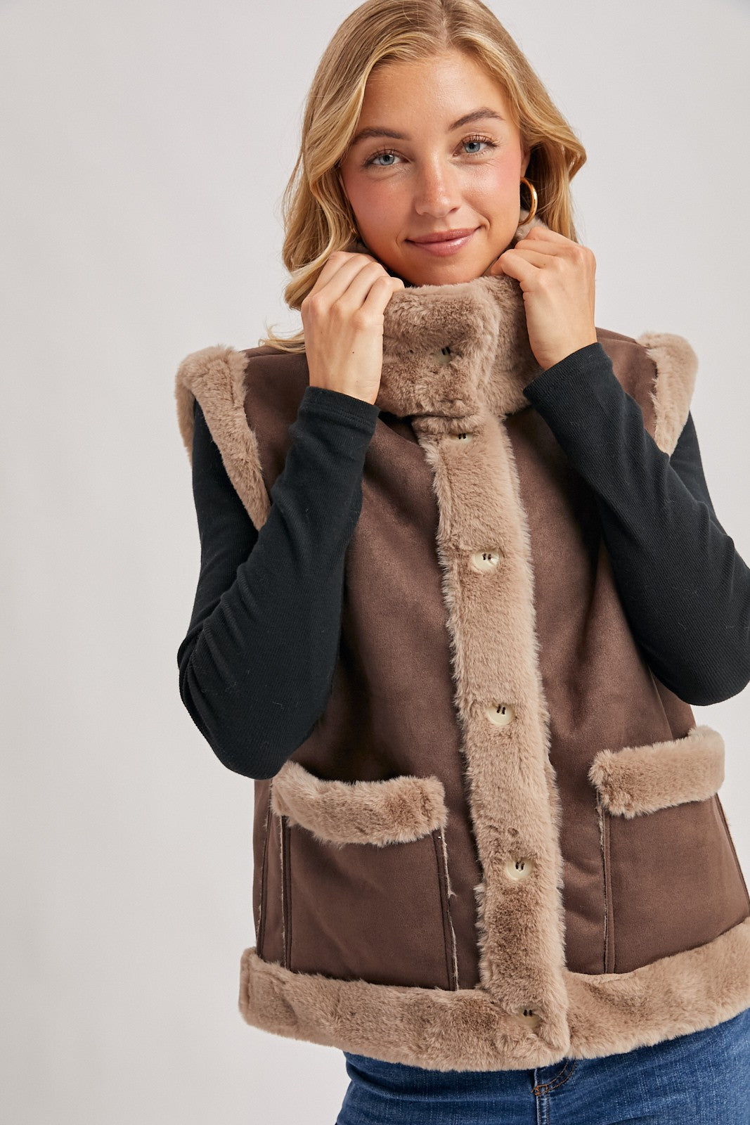Brown Faux Suede With Faux Shearling Lining Trim Vest
