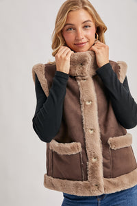 Brown Faux Suede With Faux Shearling Lining Trim Vest