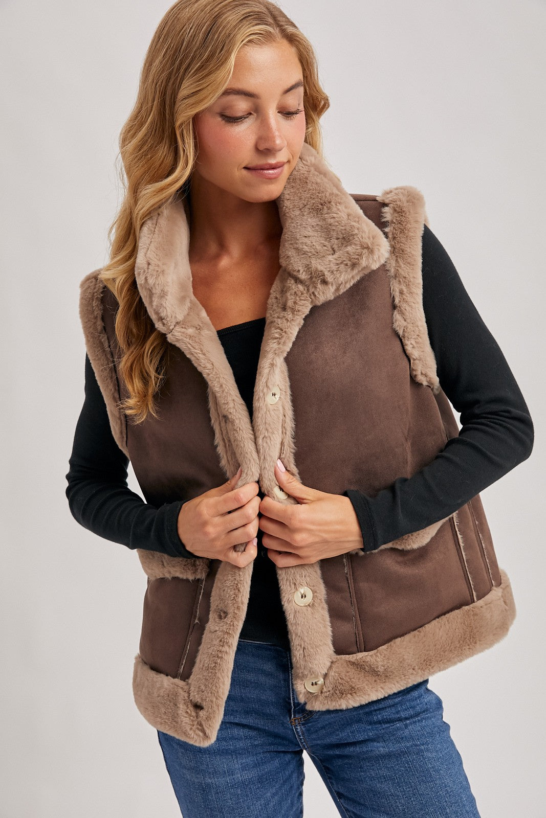 Brown Faux Suede With Faux Shearling Lining Trim Vest