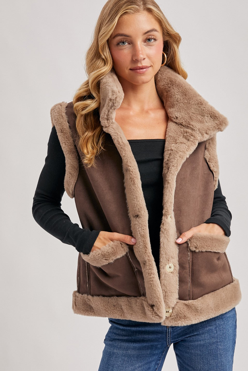 Brown Faux Suede With Faux Shearling Lining Trim Vest