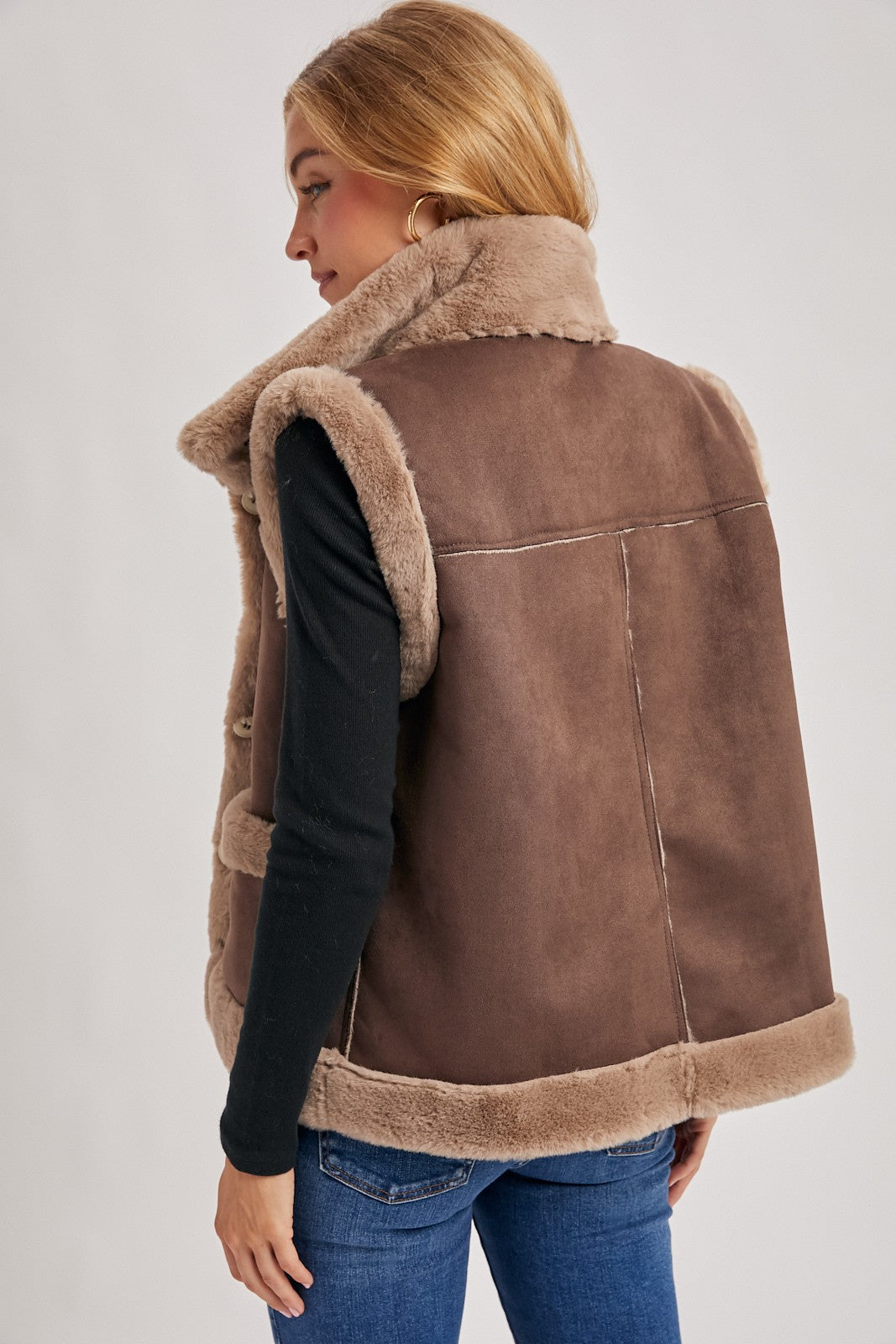 Brown Faux Suede With Faux Shearling Lining Trim Vest
