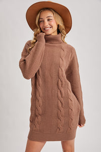 Mocha Turtle Neck Chunky Cable Knit Sweater Dress