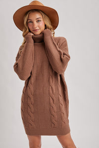 Mocha Turtle Neck Chunky Cable Knit Sweater Dress