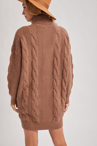 Mocha Turtle Neck Chunky Cable Knit Sweater Dress