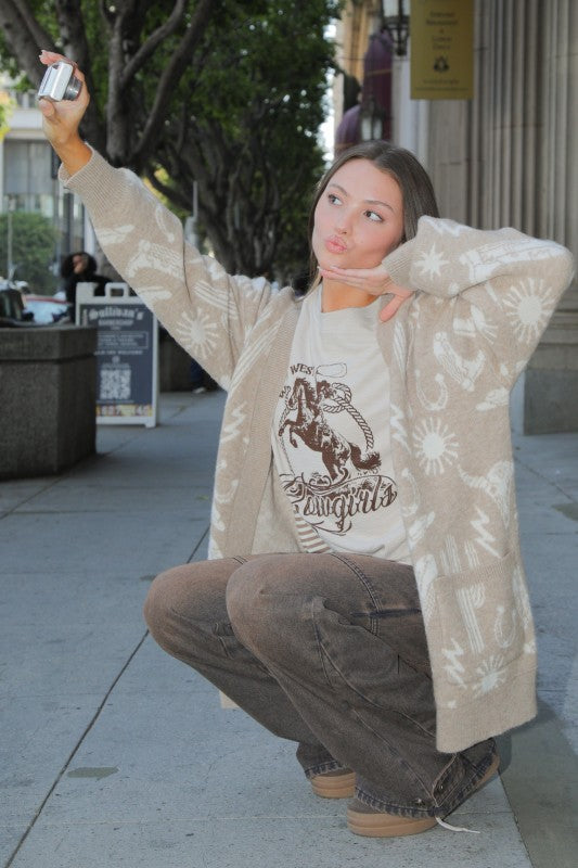 Mocha Oversized Western Graphic Knit Sweater Cardigan