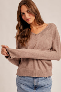 Mocha Scallop Edge Detailed V-neck Sweater