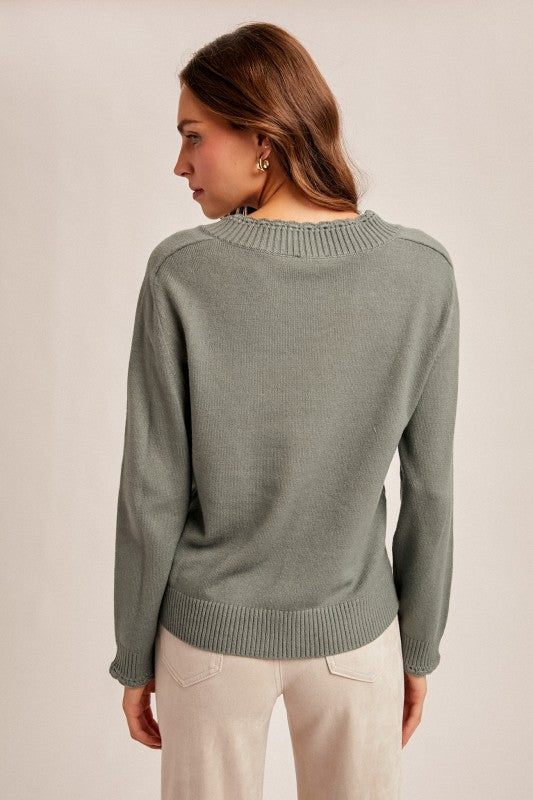 Olive Scallop Edge Detailed V-neck Sweater