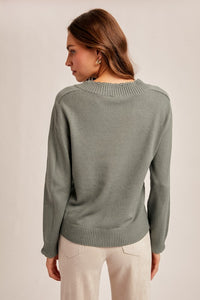 Olive Scallop Edge Detailed V-neck Sweater