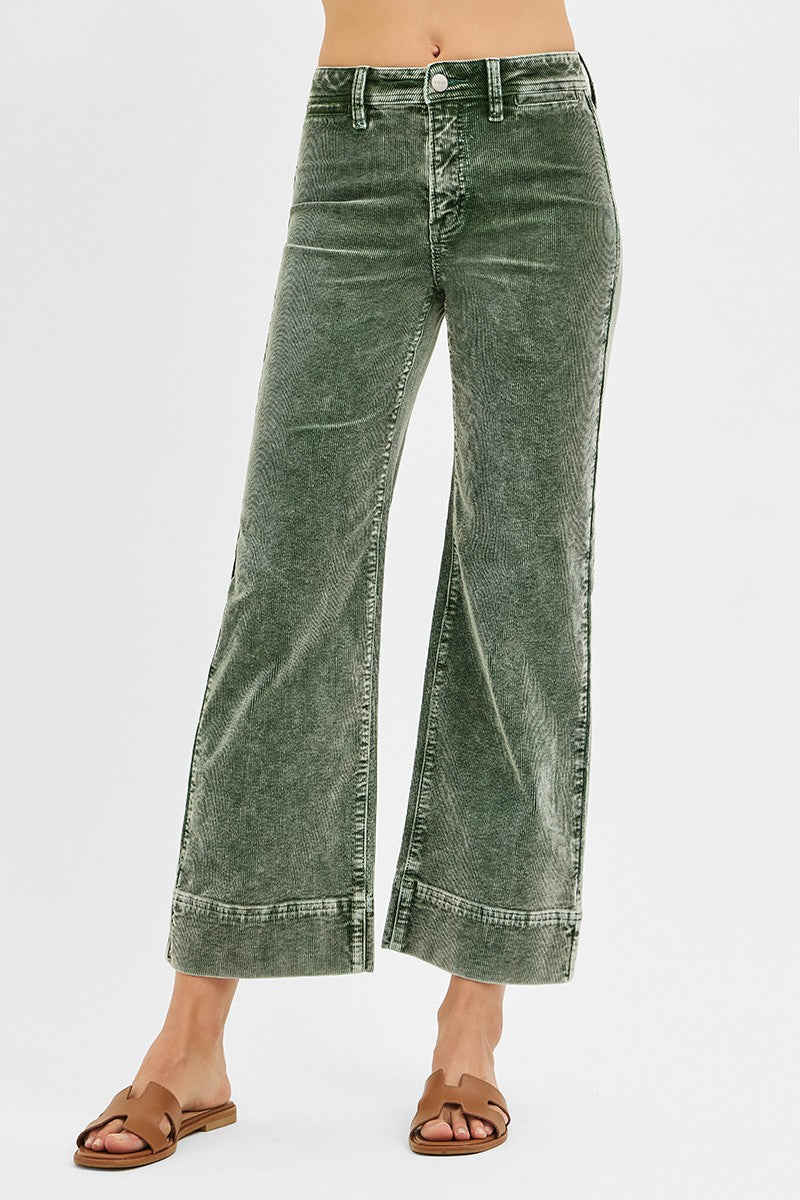 RISEN: High Rise Crop Straight Corduroy Pants (FOREST)