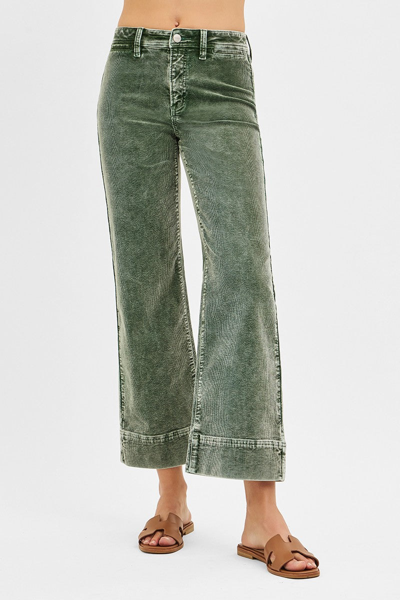 RISEN: High Rise Crop Straight Corduroy Pants (FOREST)