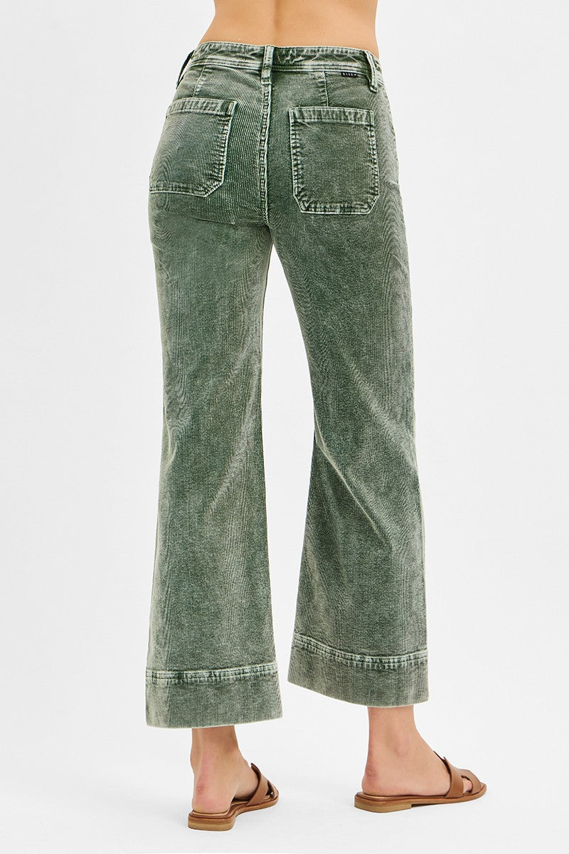 RISEN: High Rise Crop Straight Corduroy Pants (FOREST)