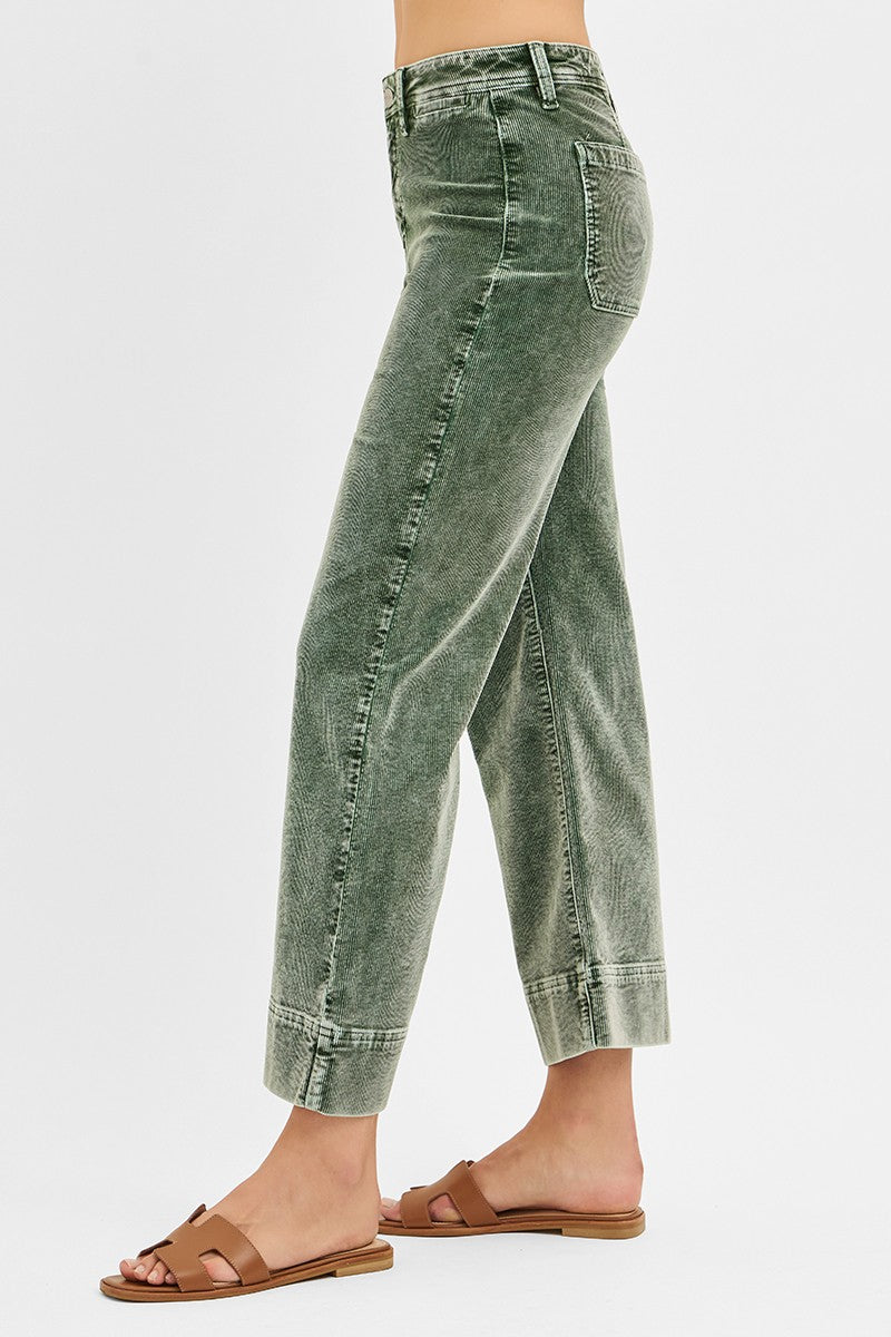 RISEN: High Rise Crop Straight Corduroy Pants (FOREST)