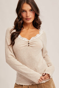 Soft Taupe Brushed Rib Lace Trimmed Henley Top