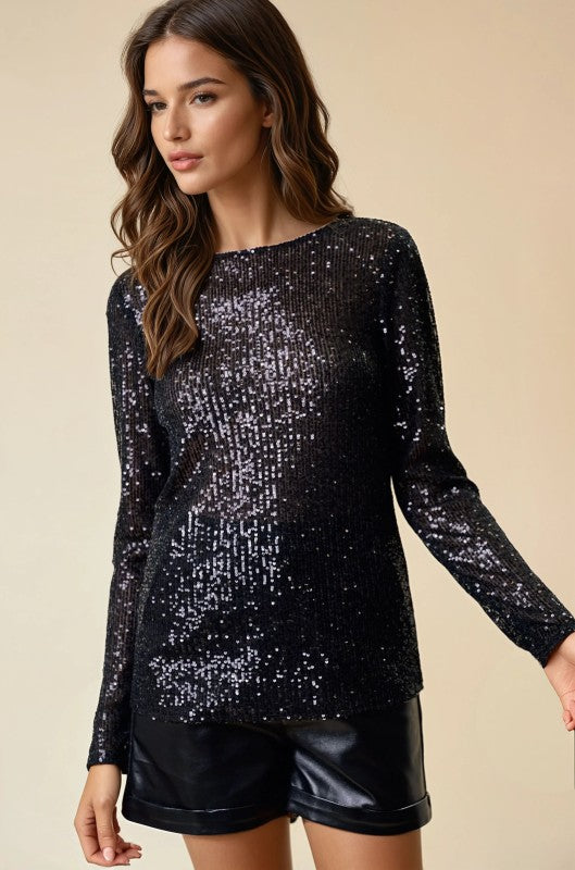 Black Sequin Long Sleeve Top