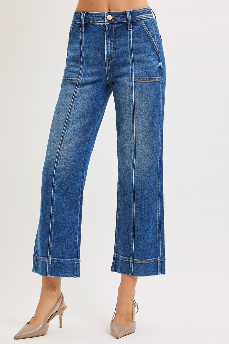 RISEN: High Rise Crop Straight Front Seam Detailed Jeans