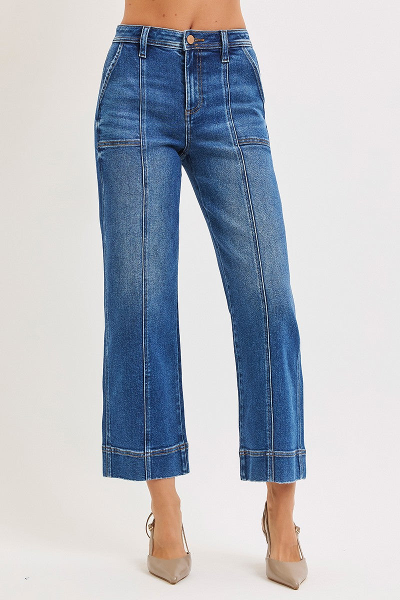RISEN: High Rise Crop Straight Front Seam Detailed Jeans