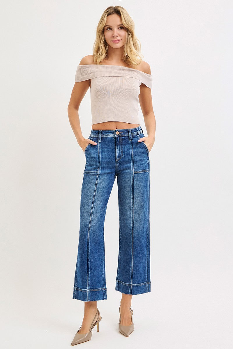 RISEN: High Rise Crop Straight Front Seam Detailed Jeans