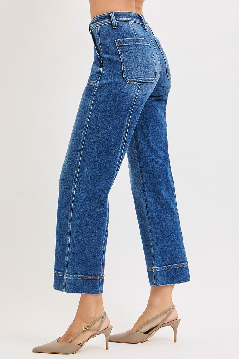 RISEN: High Rise Crop Straight Front Seam Detailed Jeans