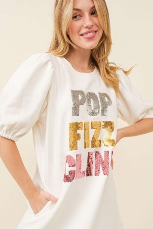 Pop Fizz Clink Sequin Wording Fleece Dress