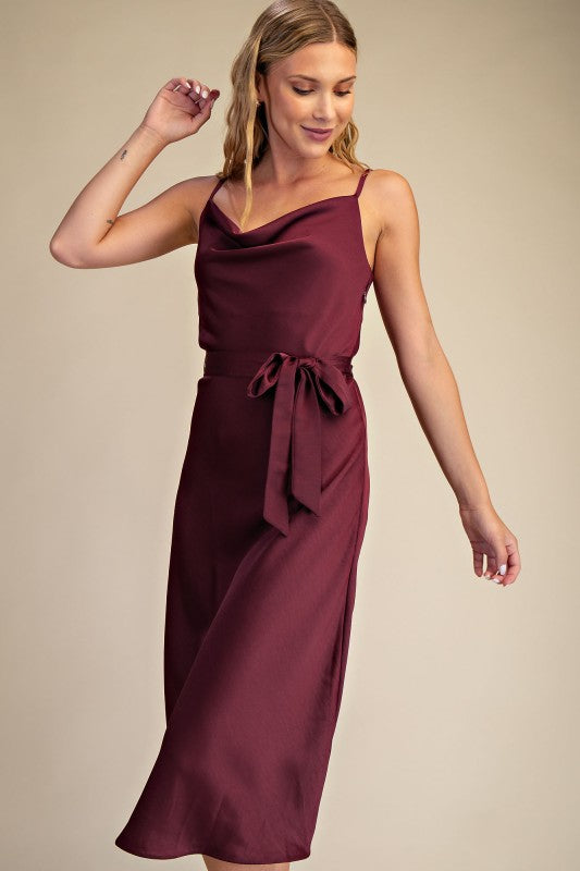 Burgandy Draped Neck Sleeveless Midi Dress