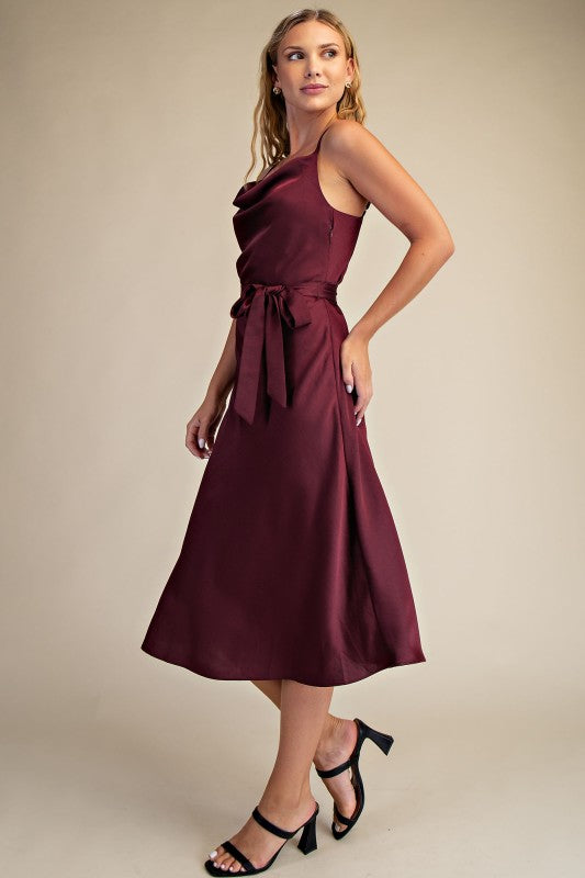 Burgandy Draped Neck Sleeveless Midi Dress